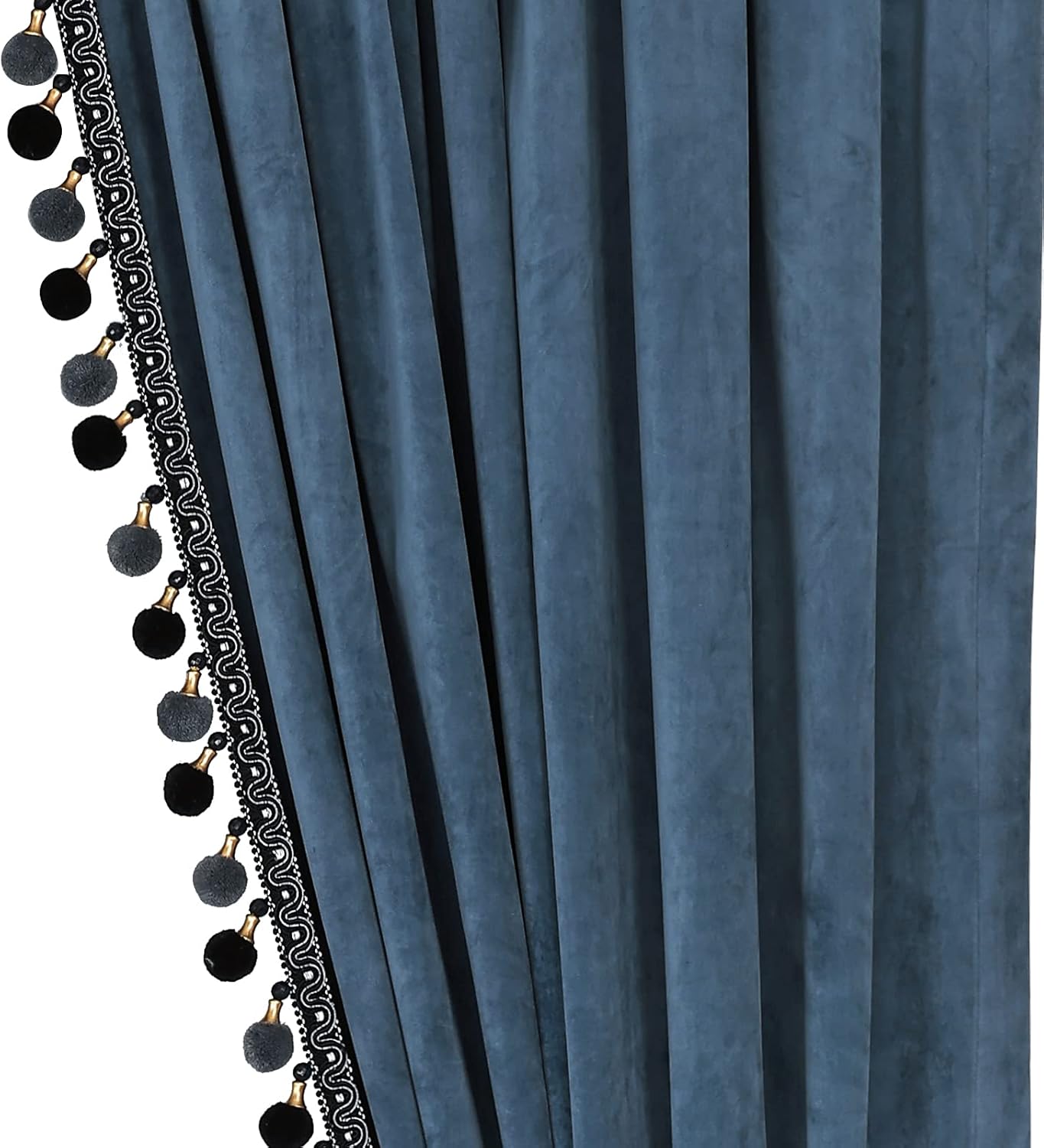 Luxury Pom Poms Curtain for Living Room Blackout Velvet 2 Panels Curtains Set Luxury Tassel Bedroom Curtains（Grey-Blue,(50W×96L)×2）
