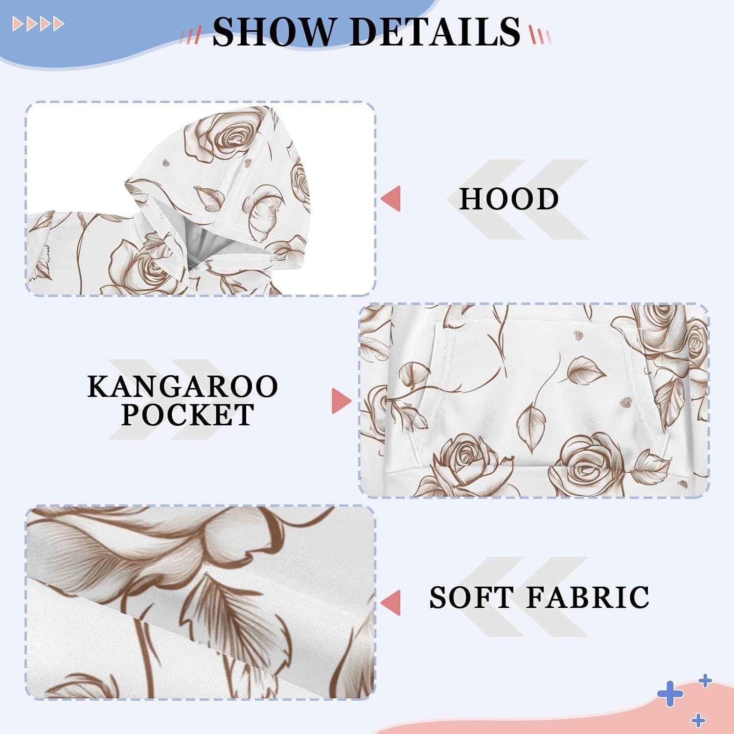 ZZXXB Rose Print Kids Sweatshirts Boys Girls Hooded Kangaroo Pocket Pullover Tops XS-XXL