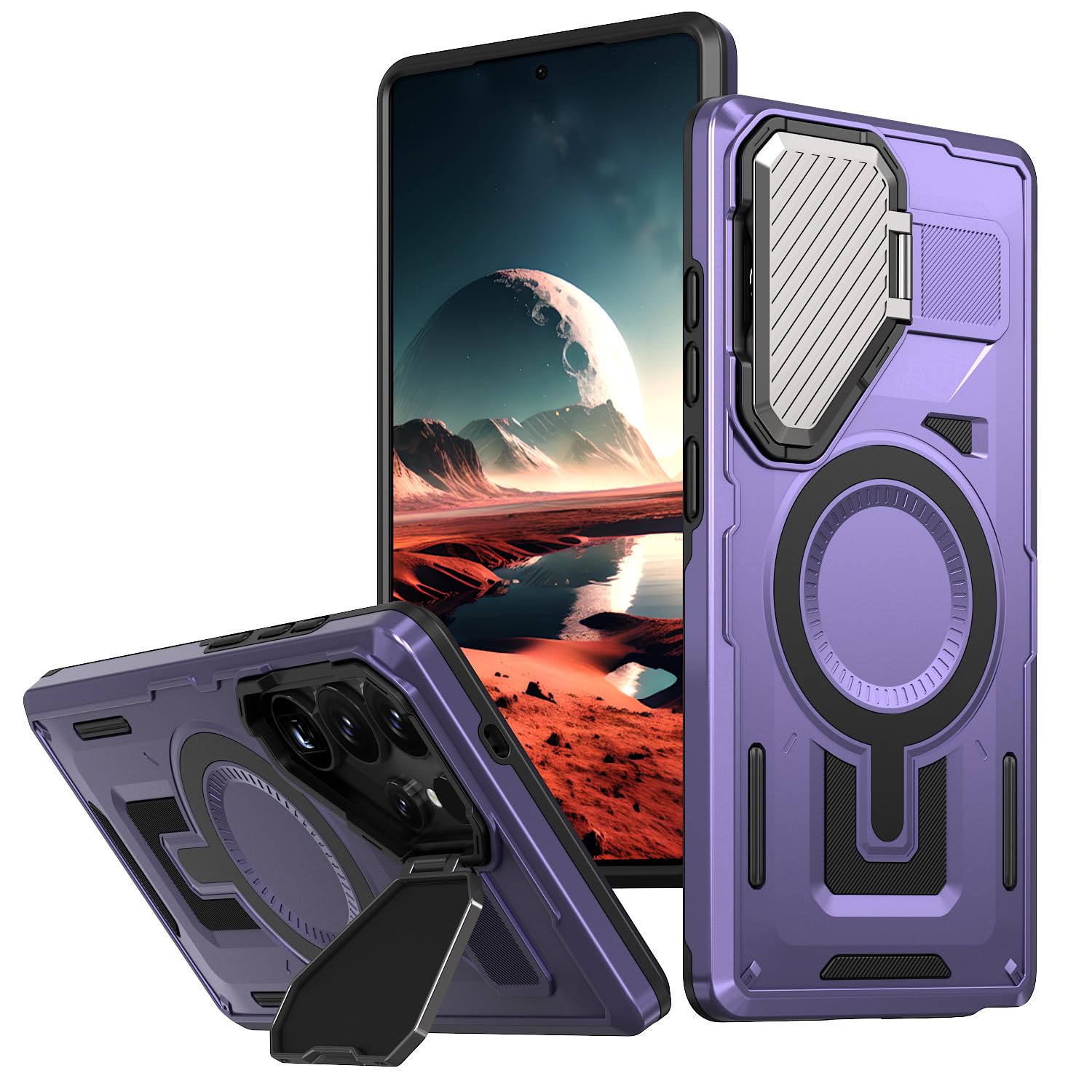 Magnetyczne etui do Samsung Galaxy S24 Ultra/S24 Plus/S24, etui ochronne z klapką jako uchwyt na telefon komórkowy klasy wojskowej, odporne na wstrząsy, fioletowe, S24 Ultra