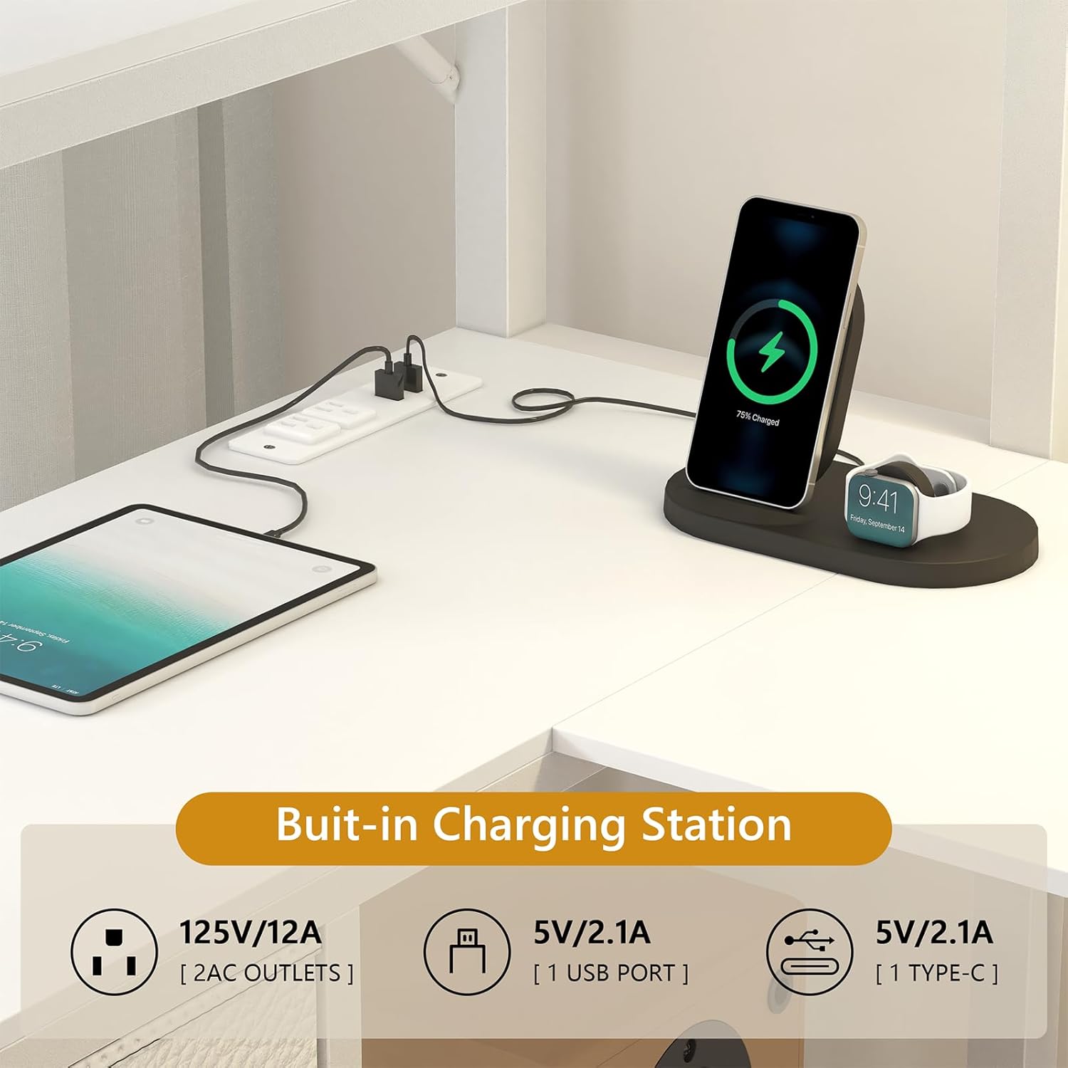 Close-up view of the built-in charging station on the U-shaped desk, showing two AC outlets, one USB port, and one Type-C port.