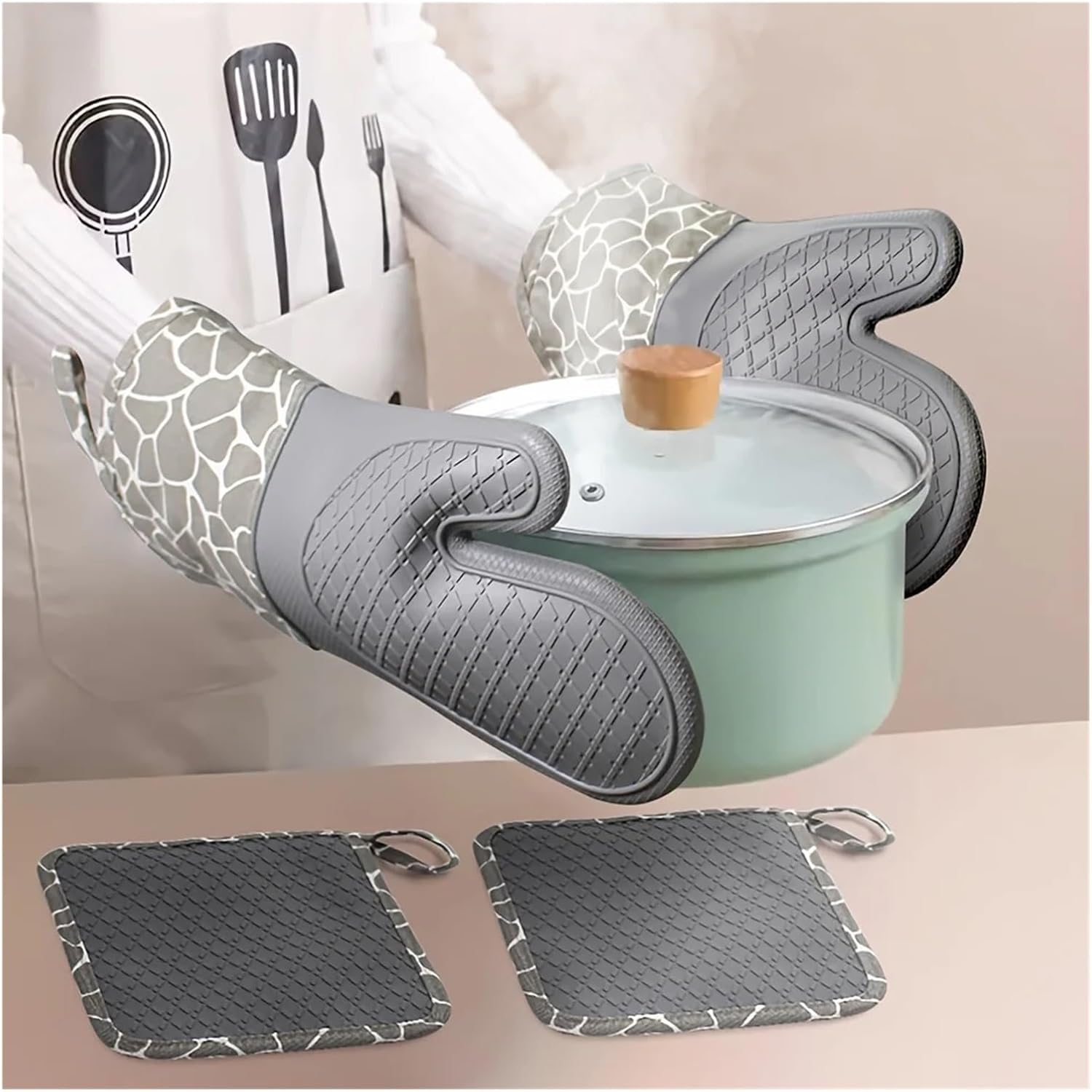 Extra Long Professional Silicone Oven Mitt With Quilted Liner, Heat Resistant Pot Holders, Flexible Gloves(Grey)