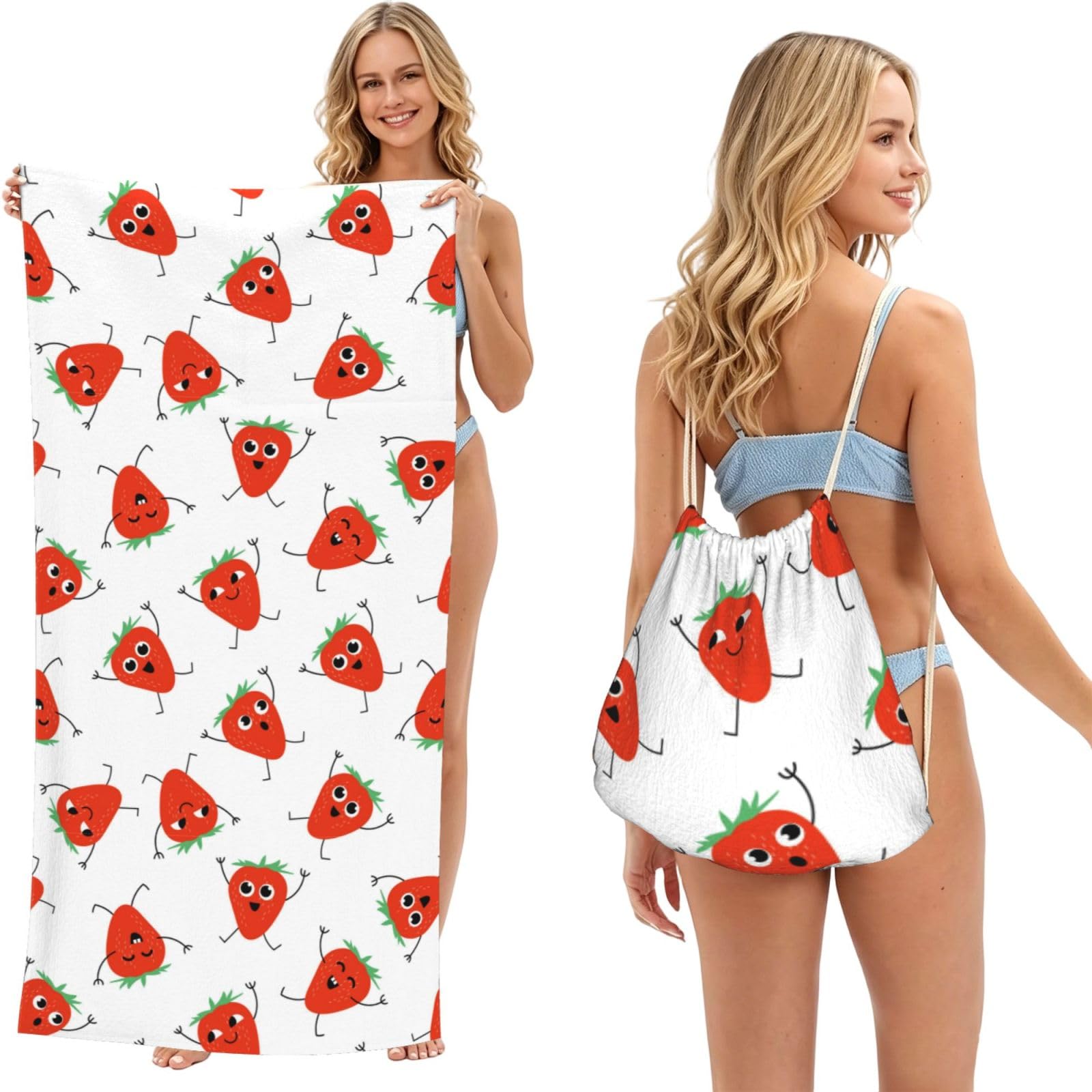 Noble Ren The Happy Dancing Strawberry 2 In 1 Packable Towel Bag Beach Backpack Unisex Suitable For Travel Picnic Vacation And Camping