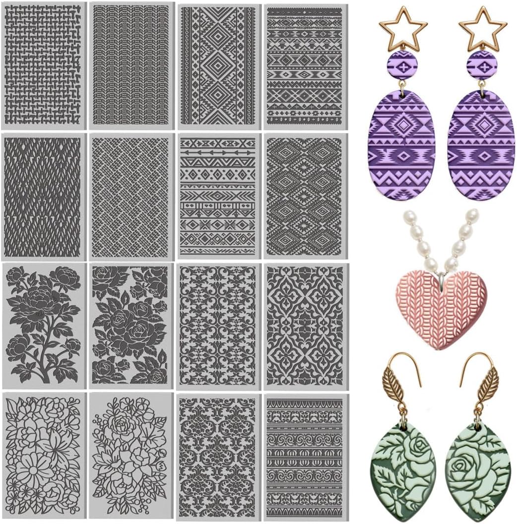16 Pcs Fabric Textures Pattern Polymer Clay Texture Sheet Tribal Patterns Rubber Clay Texture Mat for Polymer Making Earrings Jewelry DIY Crafts 4 × 2.5 Inch