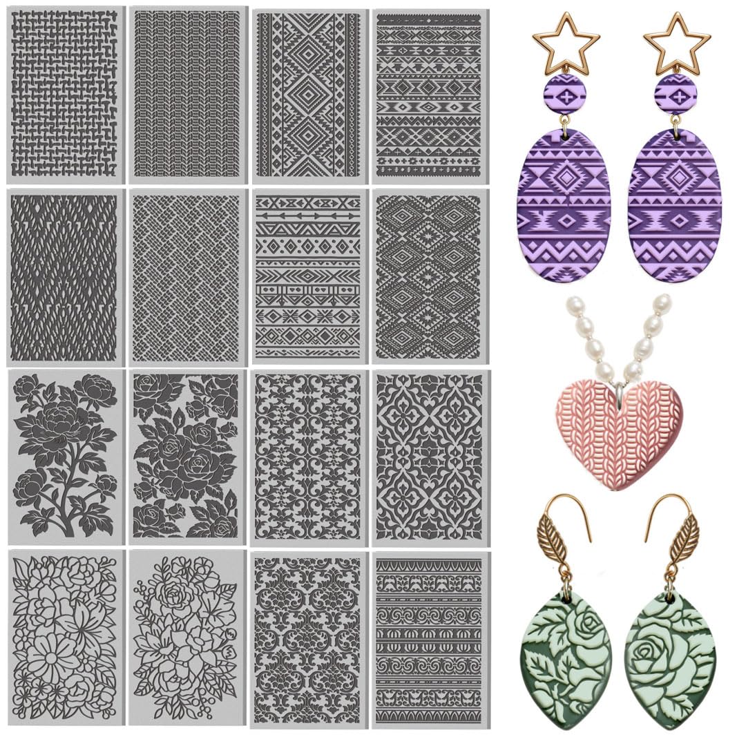 16 Pcs Fabric Textures Pattern Polymer Clay Texture Sheet Tribal Patterns Rubber Clay Texture Mat for Polymer Making Earrings Jewelry DIY Crafts 4 × 2.5 Inch