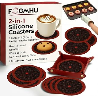 Silicone Coasters for Drinks, 2-in-1 Silicone Coaster & Baking Mat Set, 16-Pack Mini Macaron Baking Mats with Tray, Non-Slip, Heat Resistant to 500°F, Dishwasher Safe