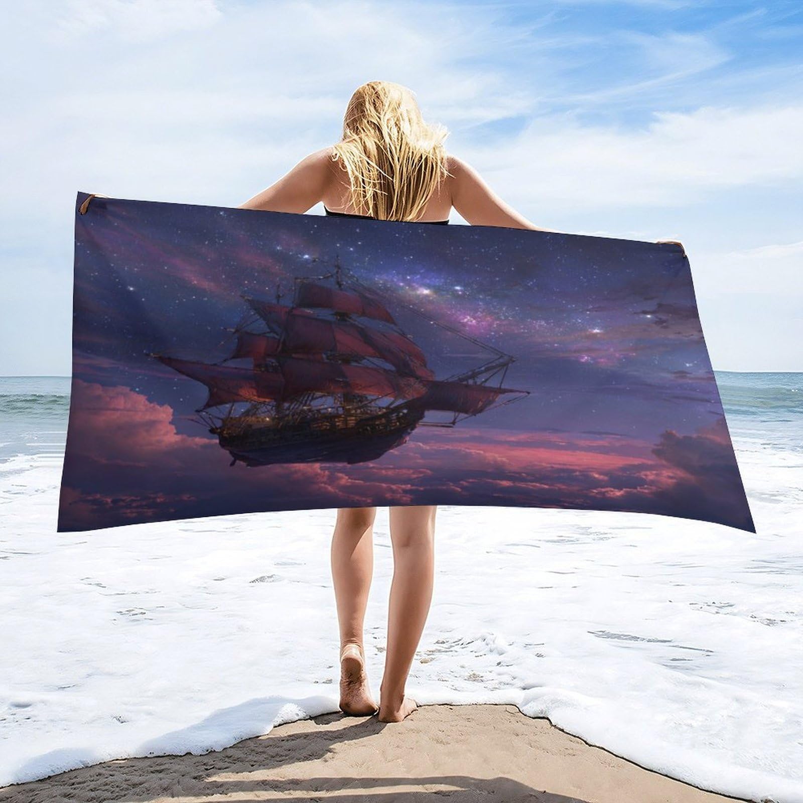 Luyysky Fantasy Abstract Pirate Ship Absorbent Beach Towel, Beautiful Realistic Starry Sky Galaxy Cloud Pattern Outdoor Single-Sided Velvet Beach Towel-80 W Cm X 160" L Cm