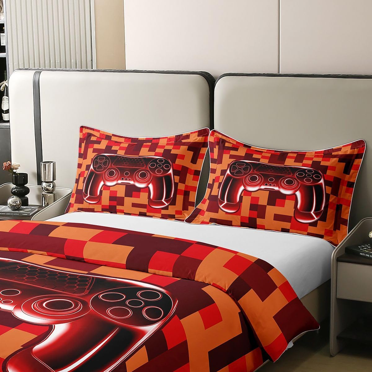 Manfei Game Duvet Cover Set Full Size 100% Cotton,Pixelated Gamepad Miners Check Kids Bedding Set,Gaming Neon Lights Geometric Room Decor,Red Orange Quilt Cover,2 Pillowcases(No Filler) image 4