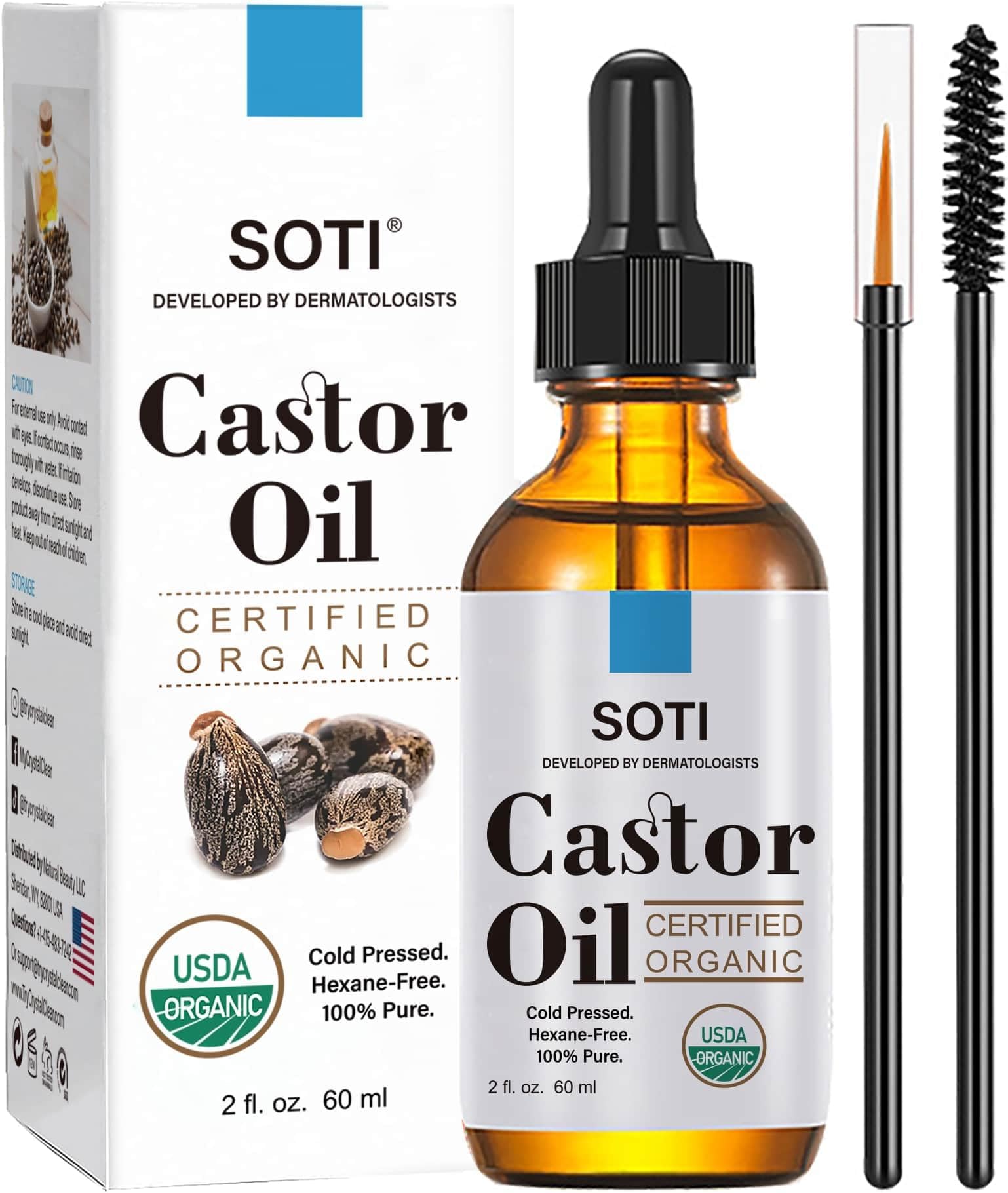 Organic Castor Oil, Made in USA, USDA Certified 100% Pure, Cold Pressed, Hexane Free, Stimulate Growth for Eyelashes, Eyebrows, Hair, Skin Moisturizer by Soti (2oz)