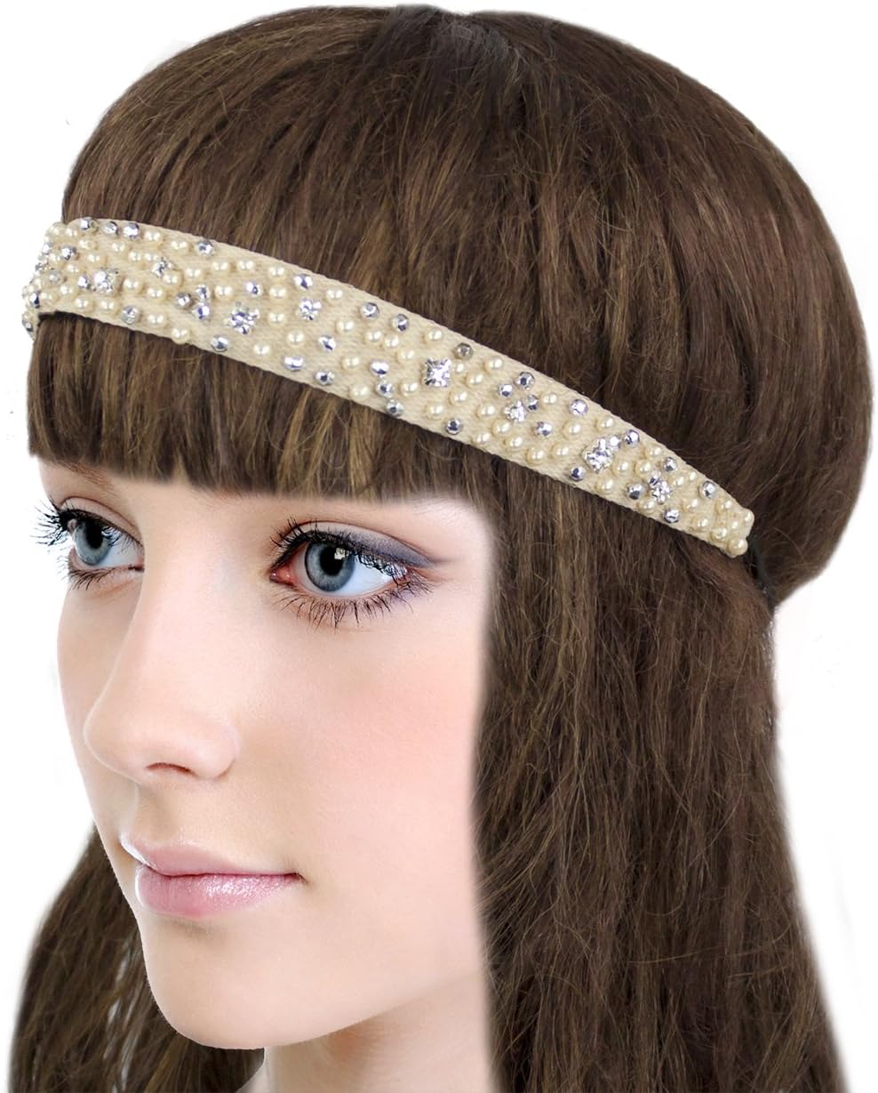 Dahlia Women's Elastic Headband - Dazzling Rhinestone Faux Pearl Bead - Cream