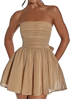 Glitter Tulle Homecoming Dresses for Teens Strapless Short Prom Dress Mini Cocktail Party Gowns with Bow on Back - Buy now