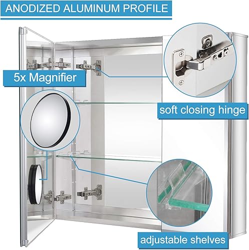 Miniatura 4 de Fundin Espejo de baño, botiquín de aluminio, 30 x 26 pulgadas, borde biselado, sin marco, espejo de doble cara, hueco de puerta o montaje en