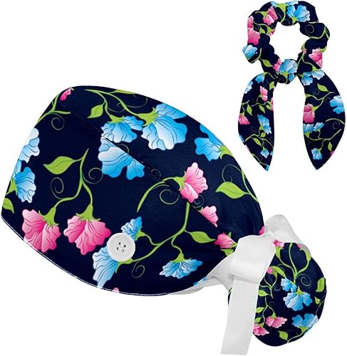 Gorra quirúrgica con lazo ajustable para mujer, diseño floral de flores, para coleta, con lazo para el pelo