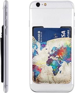Abstract World Map Print Leather Mobile Phone Card Package Card Case Cell Phone Card Pocket Compatible with Most Smartphones