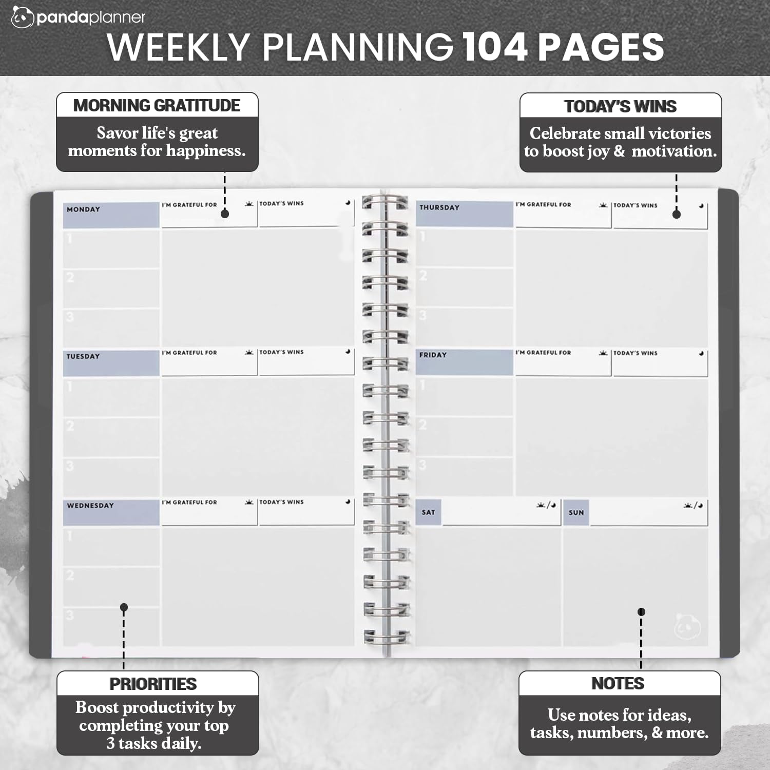 Panda Planner 2026 Undated Weekly Planner – Spiral Bound 5.75" x 8.25" with 52 Weeks, Habit Tracker & Weekly To-Do Lists – Productivity Planner & Academic Organizer for Home, Office & School (Black)