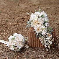 Vista 6 de Ansofi Ramos de flores artificiales para novia y dama de honor, ramo de lanzamiento para boda, ramo de novia en color beige y blanco, rosas