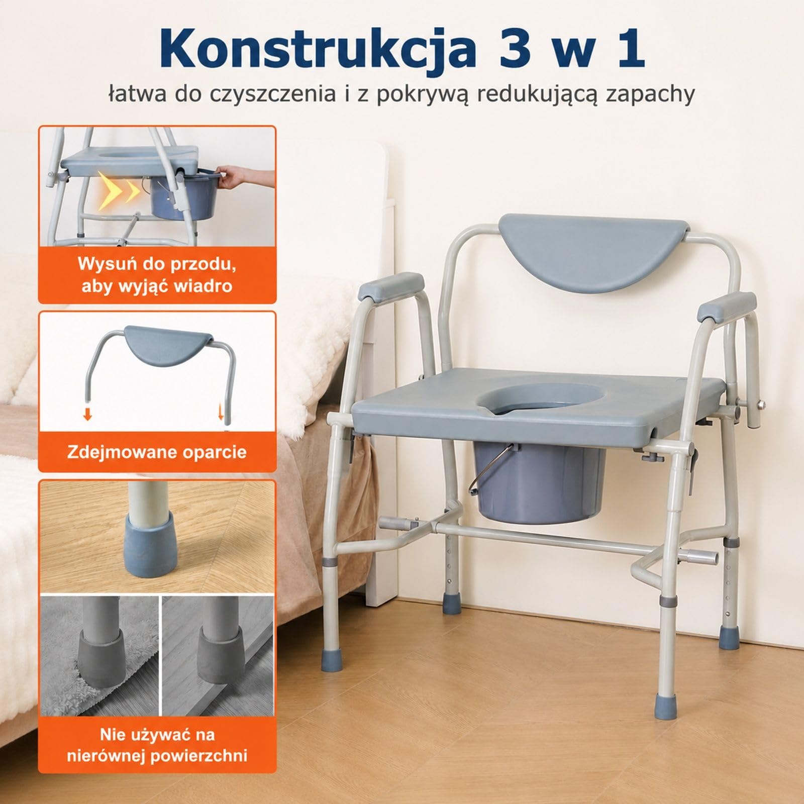 Krzesło toaletowe, stolik nocny ze składanymi podłokietnikami i zdejmowanym oparciem, 5-stopniowa regulacja wysokości 50-62 cm, zdejmowany pojemnik o pojemności 7 litrów, łatwy montaż, udźwig 453
