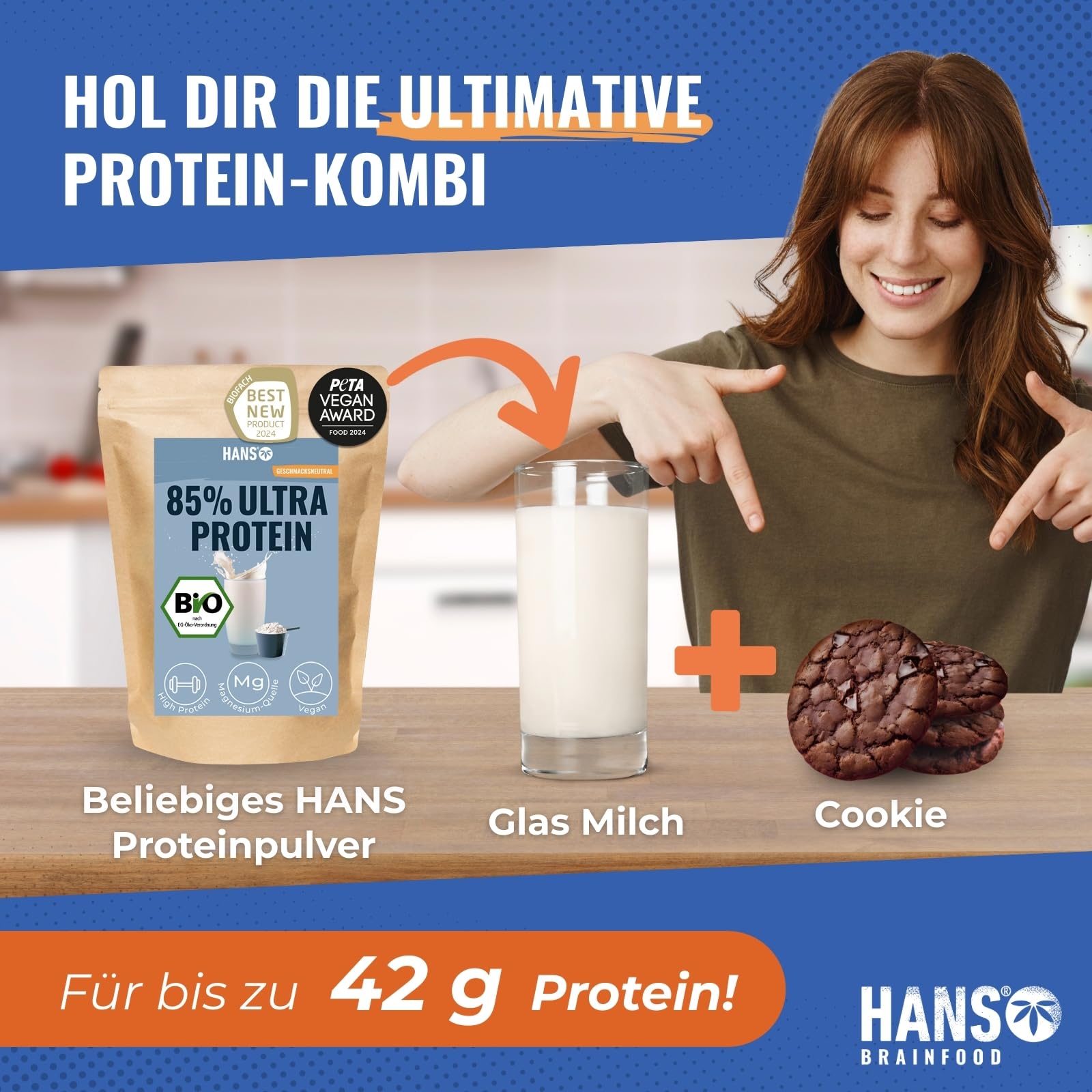 HANS Brainfood High Protein Cookie Schokolade 1400g (36x35g) mit weniger als 1 Gramm Zucker und 8g Protein pro Cookie - Proteinriegel, Low Carb, Schoko - Protein-Bar ohne Zucker