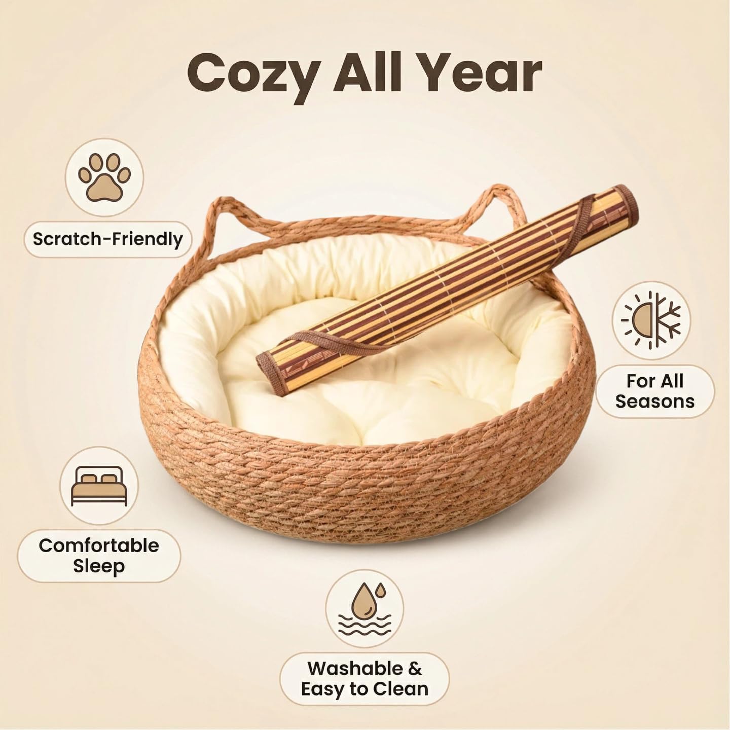 17" Woven Cat Basket Bed for Cats, Pet House with Cooling Mat & Soft Cushion for All Seasons - Washable, Handmade Braided Cattail Leaf, Boho Style, Cream White