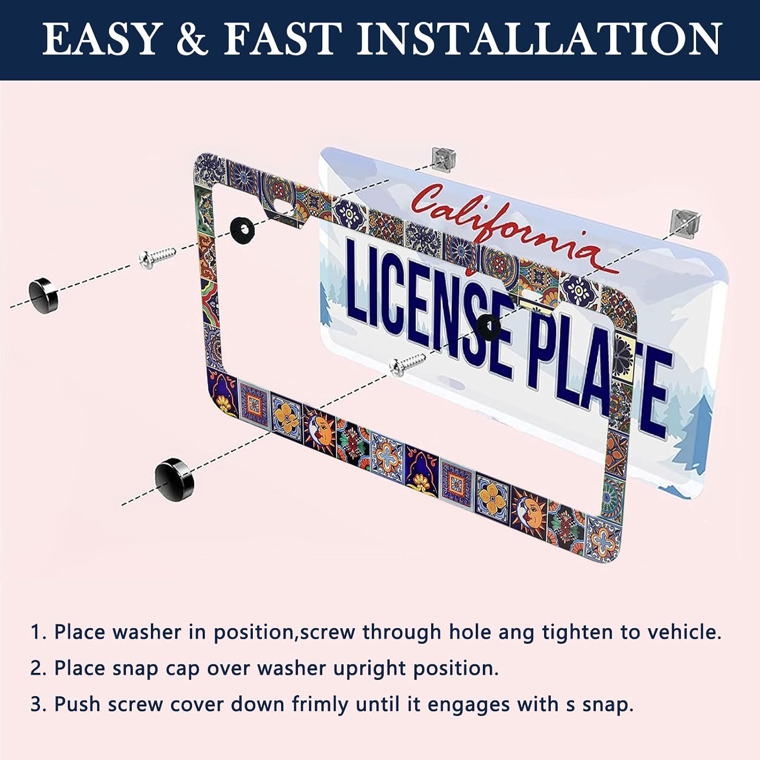 LIN KANG Mexican Tiles License Plate Frames - 2 Pack Mandala Boho License Plate Frame for Women Men, Universal Accessories License Plate Cute Aluminum Car Tag Frames for Women Men US Vehicles image 2