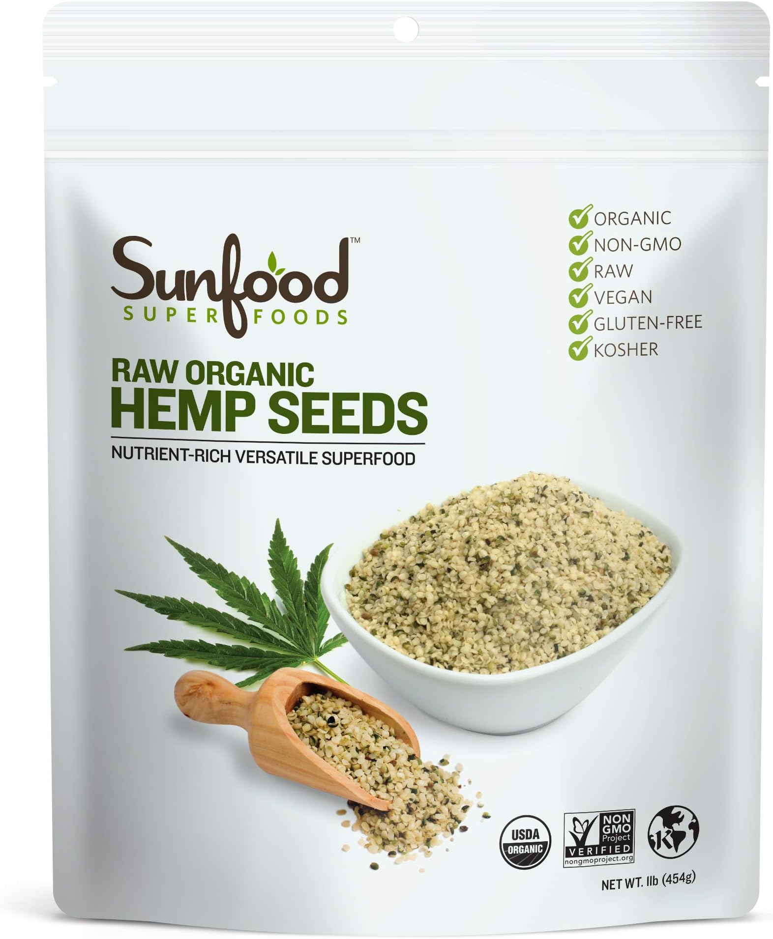 Sunfood Superfoods Raw Organic Hemp Seeds - Hemp Seeds Organic, Hemp Hearts Organic, Shelled Hemp Seeds to Eat, Bulk, Keto Friendly, High Protein, Omega 3 & 6-1 Lb Bag