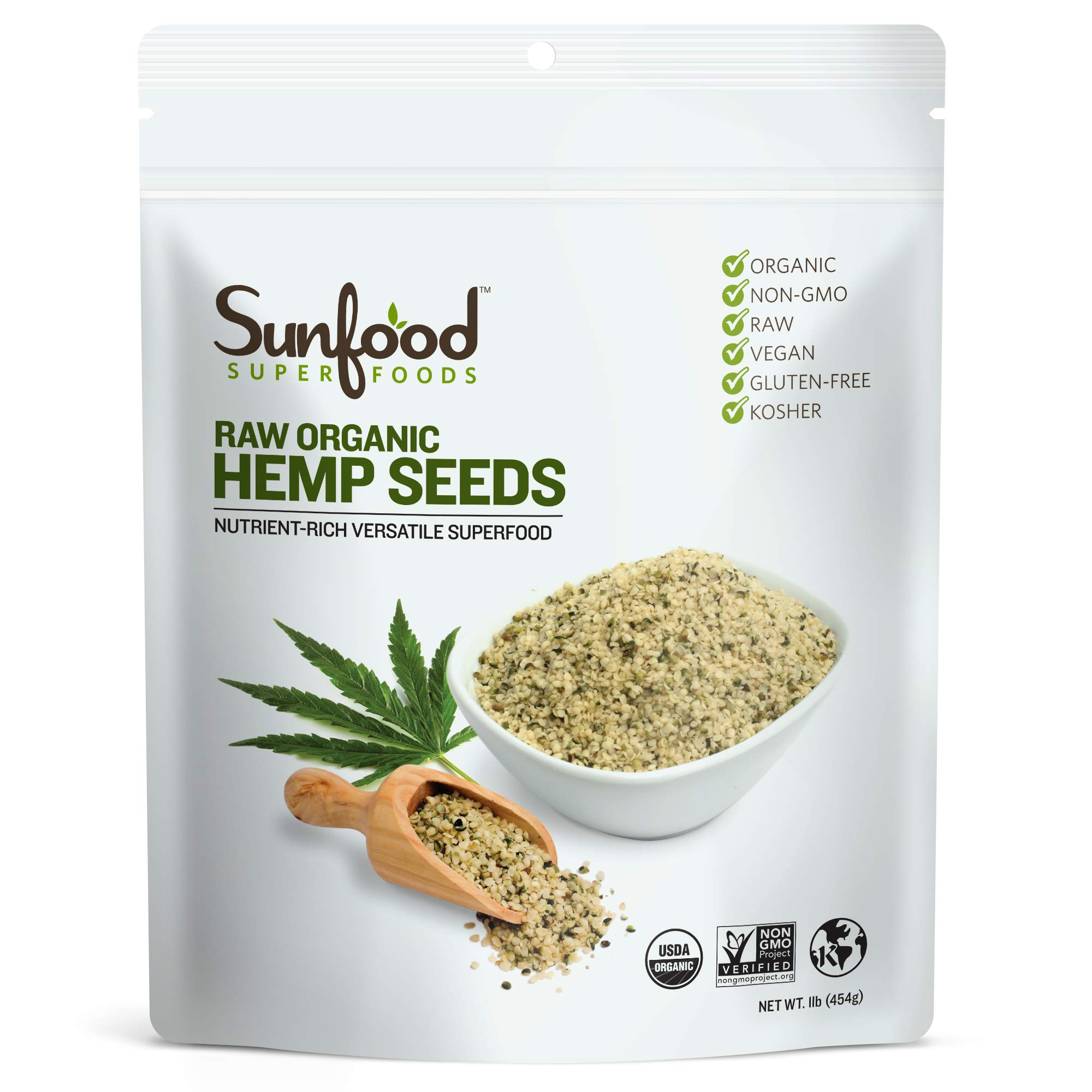 Sunfood Superfoods Raw Organic Hemp Seeds - Hemp Seeds Organic, Hemp Hearts Organic, Shelled Hemp Seeds to Eat, Bulk, Keto Friendly, High Protein, Omega 3 & 6-1 Lb Bag
