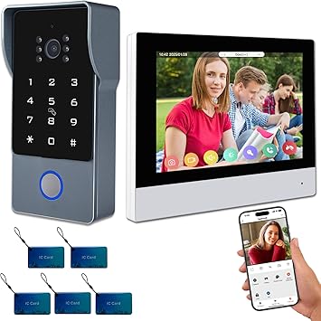 2-Wires Video Intercom System, 7 Inch 1080P WiFi Touch ScreenVideo Doorbell Doorphone System, 32G Card, Snapshot, Monitoring, Code Password Tuya App IC Card Unlock for Home Apartment