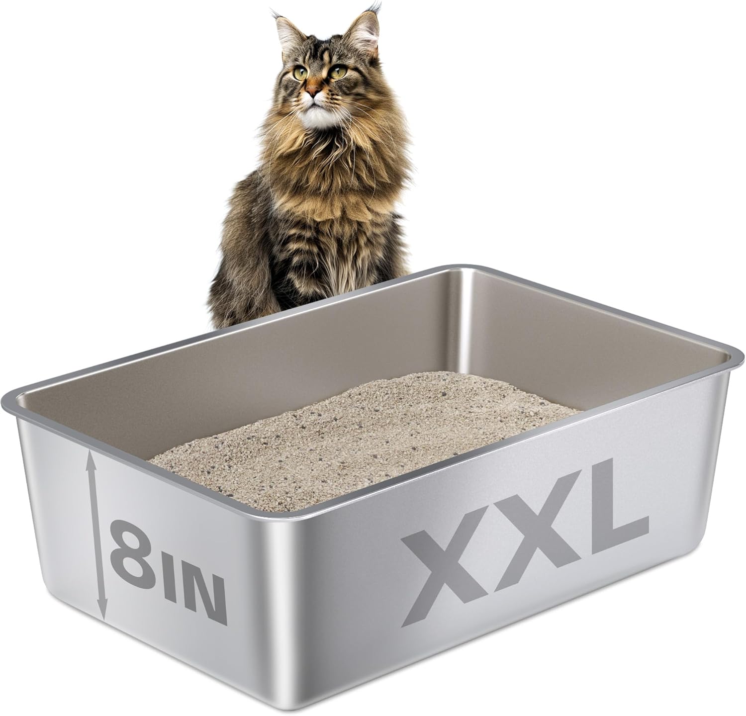 XXL Stainless Steel Litter Box,Metal Cat Litter Box XLarge Easy Clean,Cat LitterBox 8in Gigh Side for Big Cats/Multiple Cats,Non Stick No Smell XXL-23.4"×15.6"×8"
