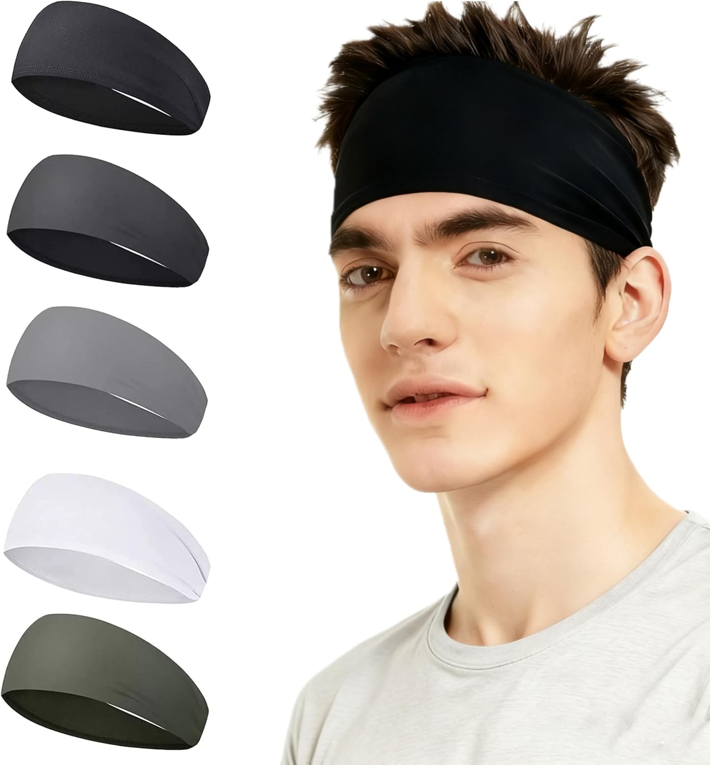 5-Pack Sweat Bands for Men & Women – Moisture Wicking Headbands for Workouts, Running, Cycling, Football & Yoga | Athletic Sport Hairbands (Light Gray, Green, White, Dark Gray, Black)