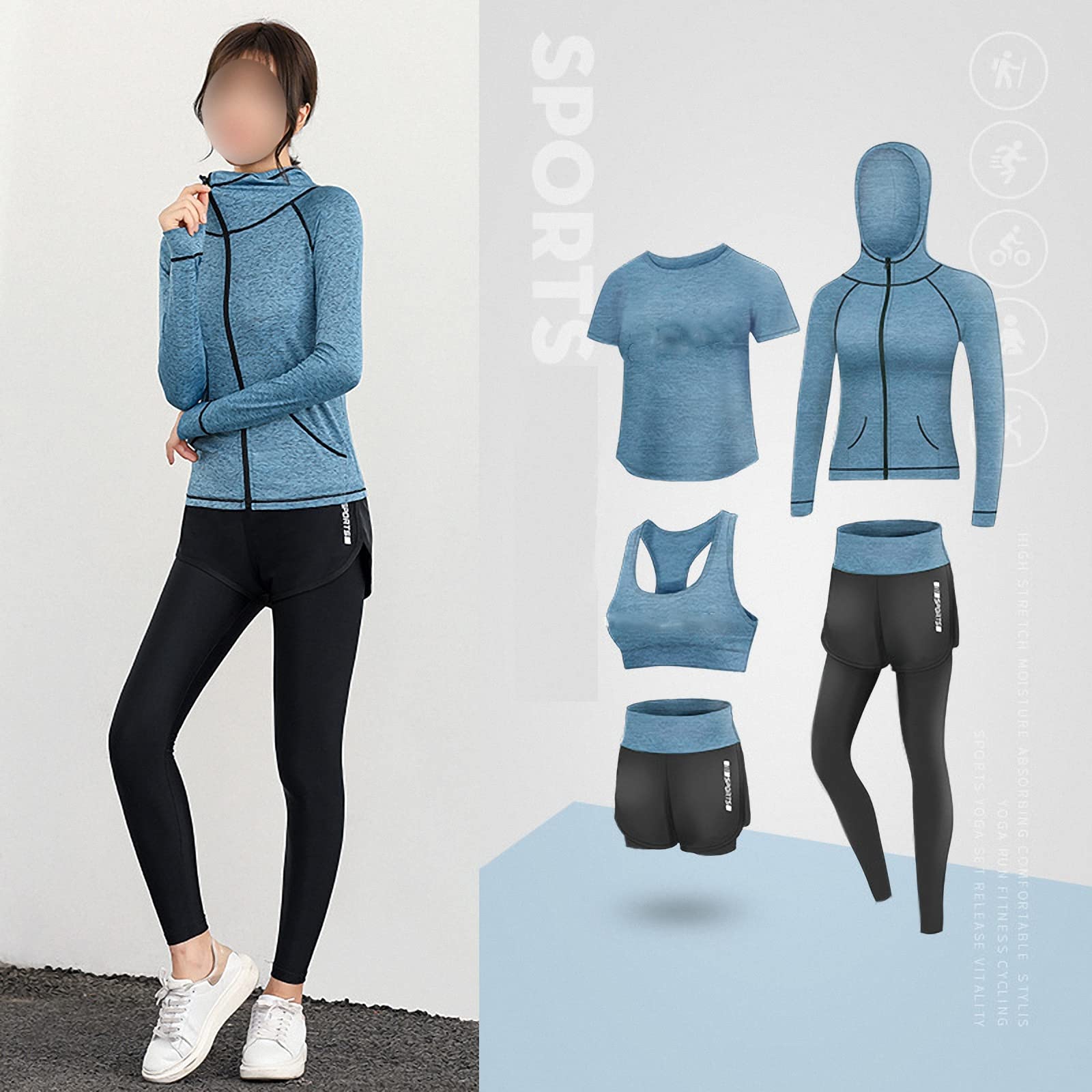 Tuta da Fitness da Donna in 5 Pezzi, Abbigliamento da Palestra per Principianti di Yoga, Leggings Casual ad Asciugatura Rapida da Corsa Primaverili per l'uso Quotidiano