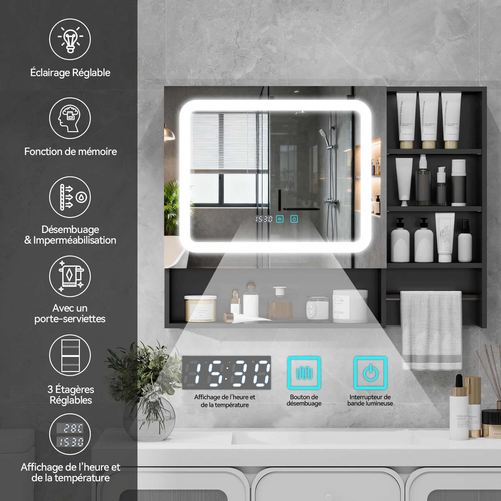YU YUSING Armoire Salle de Bain avec Miroir LED 80x60cm, Meuble de Toilette Suspendu avec 6 Étagères et Porte-Serviettes, Hauteur Réglable, Anti-Buée, 3 Températures de Lumière Réglables, Noir