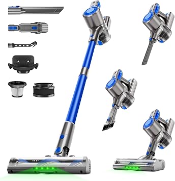 Cordless Vacuum Cleaner for Home, Powerful Stick Vacuum with Rechargeable Battery, Green Light Anti-Tangle Brush, 6-in-1 Lightweight Handheld Vacuum for Pet Hair, Hard Floor, Carpet, Blue