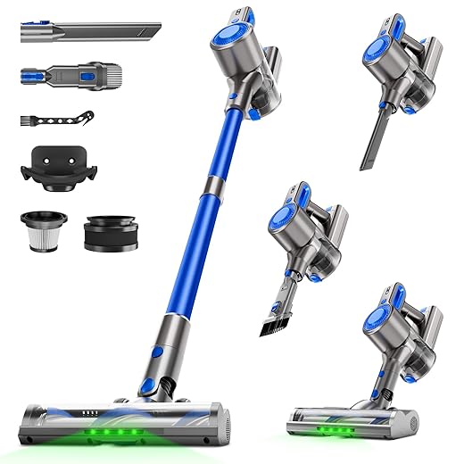 Cordless Vacuum Cleaner for Home, Powerful Stick Vacuum with Rechargeable Battery, Green Light Anti-Tangle Brush, 6-in-1 Lightweight Handheld Vacuum for Pet Hair, Hard Floor, Carpet, Blue