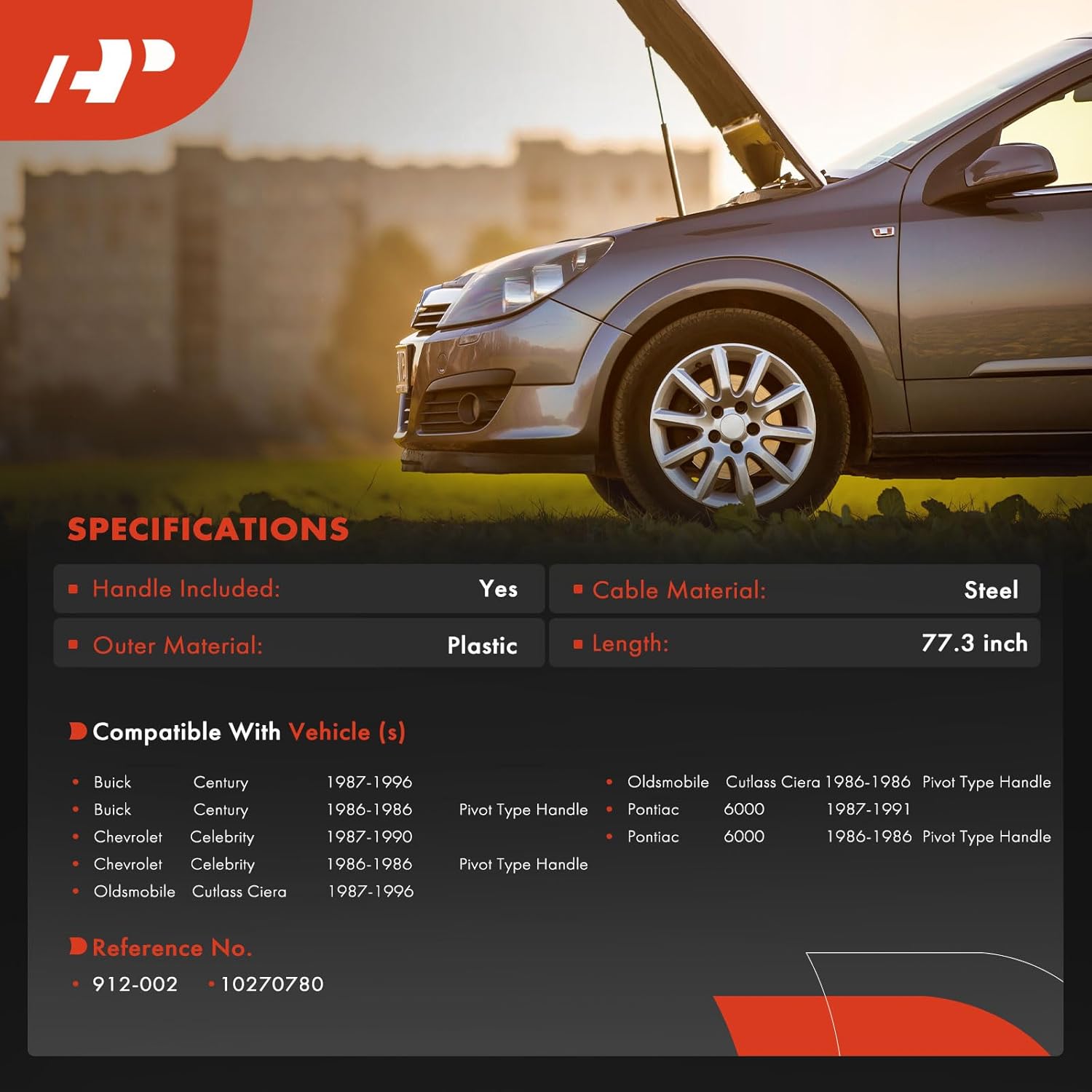 A-Premium Front Hood Latch Release Cable with Handle Compatible with Buick Century 1986-1996 & Chevrolet Celebrity 1986-1990 & Oldsmobile Cutlass Ciera 1986-1996 & Pontiac 6000 1986-1991, 77.3 Inch