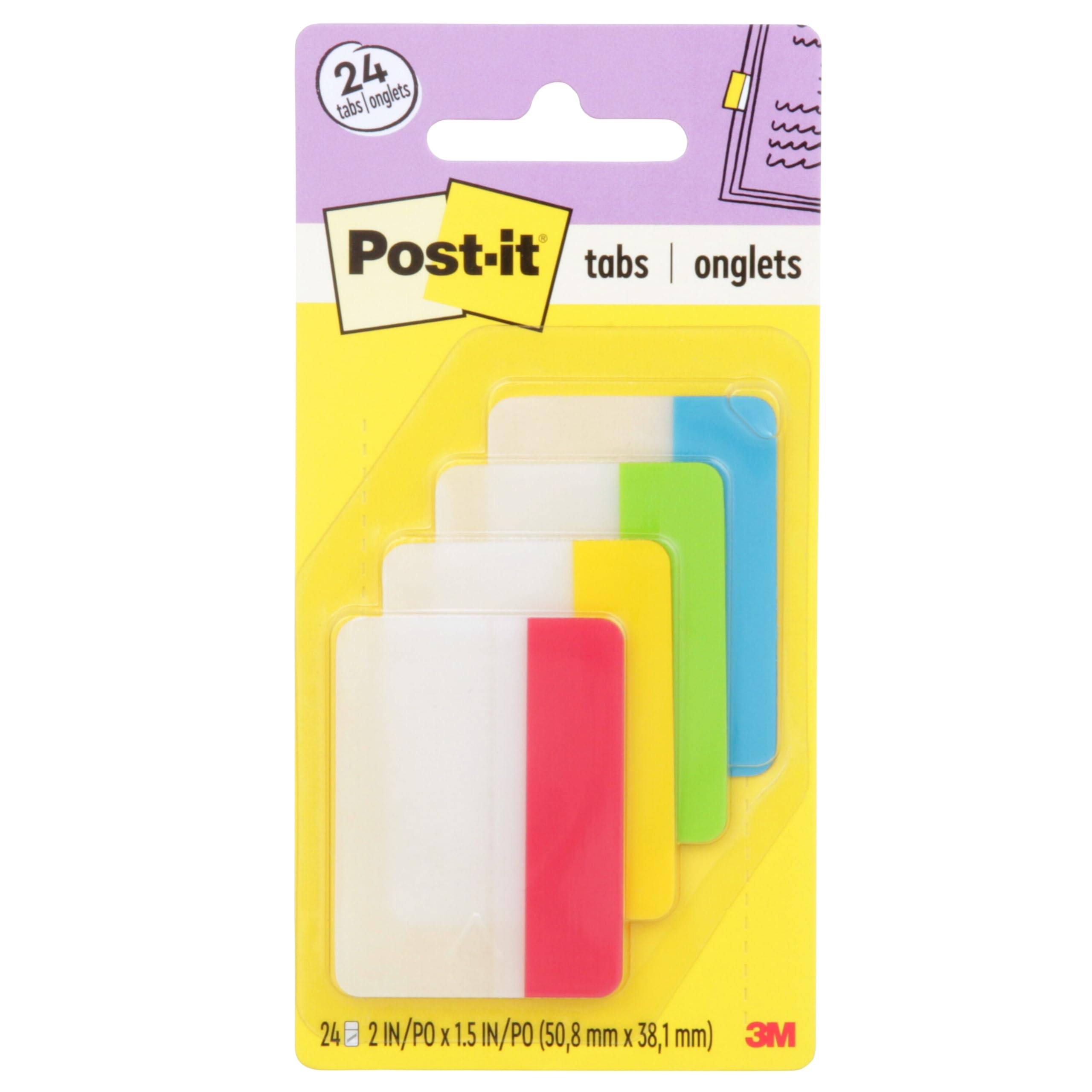 Post-it Tabs, 2-Inch Solid, Assorted Primary Colors, 6-Tabs/Color, 4 Colors, 24-Tabs/Pack