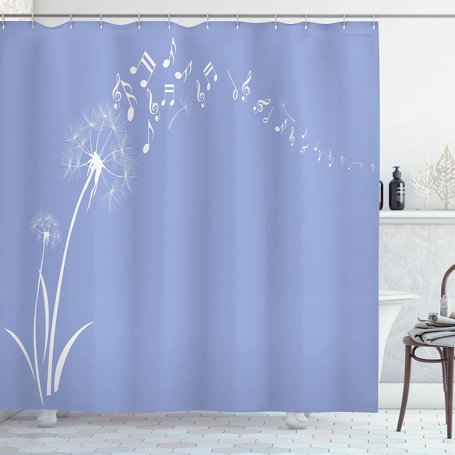 Ambesonne Music Shower Curtain, Flying Dandelions Notes Summer Spring Meadow Silhouette Softness Simple Print, Cloth Fabric Bathroom Decor Set with Hooks, 69" W x 70" L, Ceil Blue