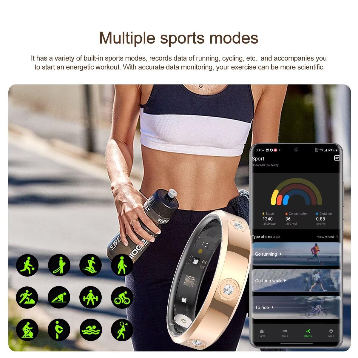 Bague intelligente fine or rose argent pour homme et femme - Tracker Android iOS - Podomètre - Fréquence cardiaque - Calories - Tracker d'activité - Anneau intelligent - Anneau de sommeil