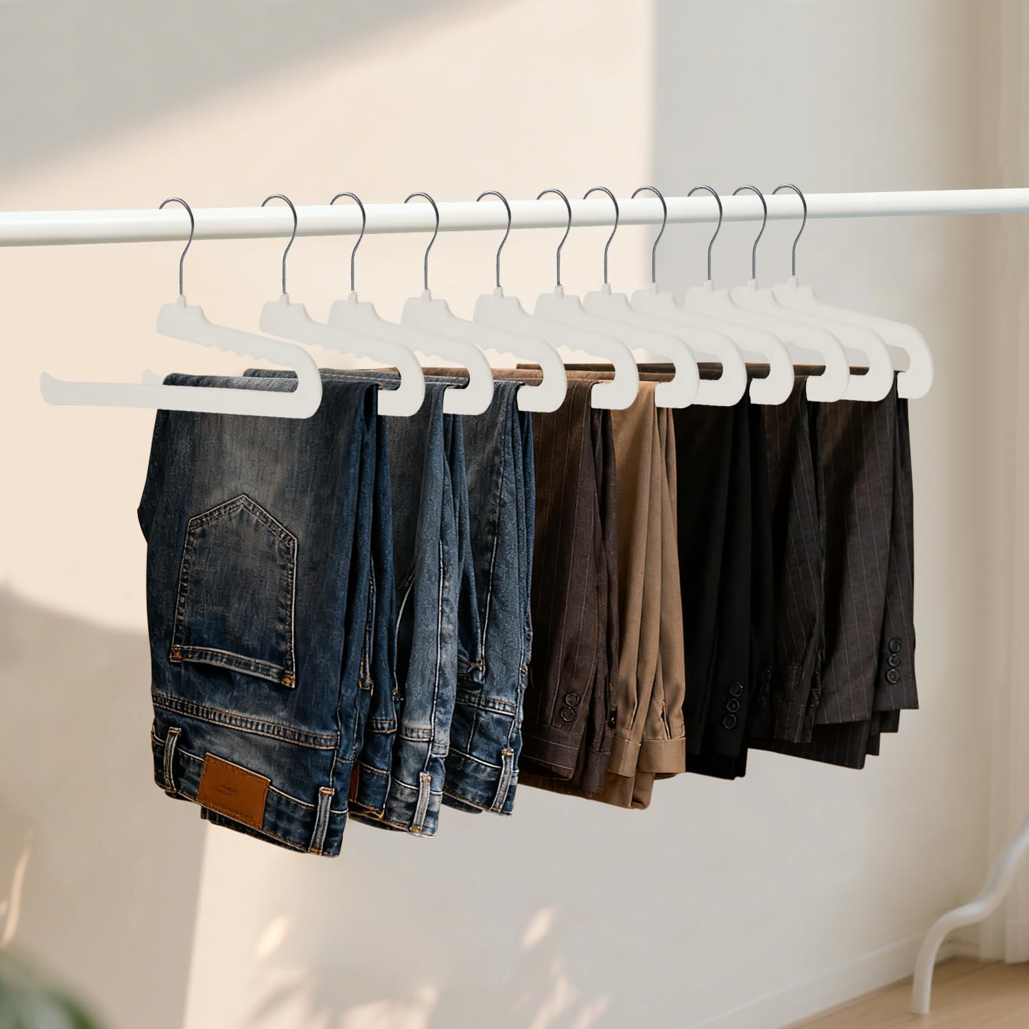 ManGotree Non Slip Velvet Pants Hangers, Open Ended Felt Jean Hangers for Closet Organizer, Heavy Duty Space Saving for Trousers, Slacks, Shorts, Dress, Scarf (20 Pack, Ivory)