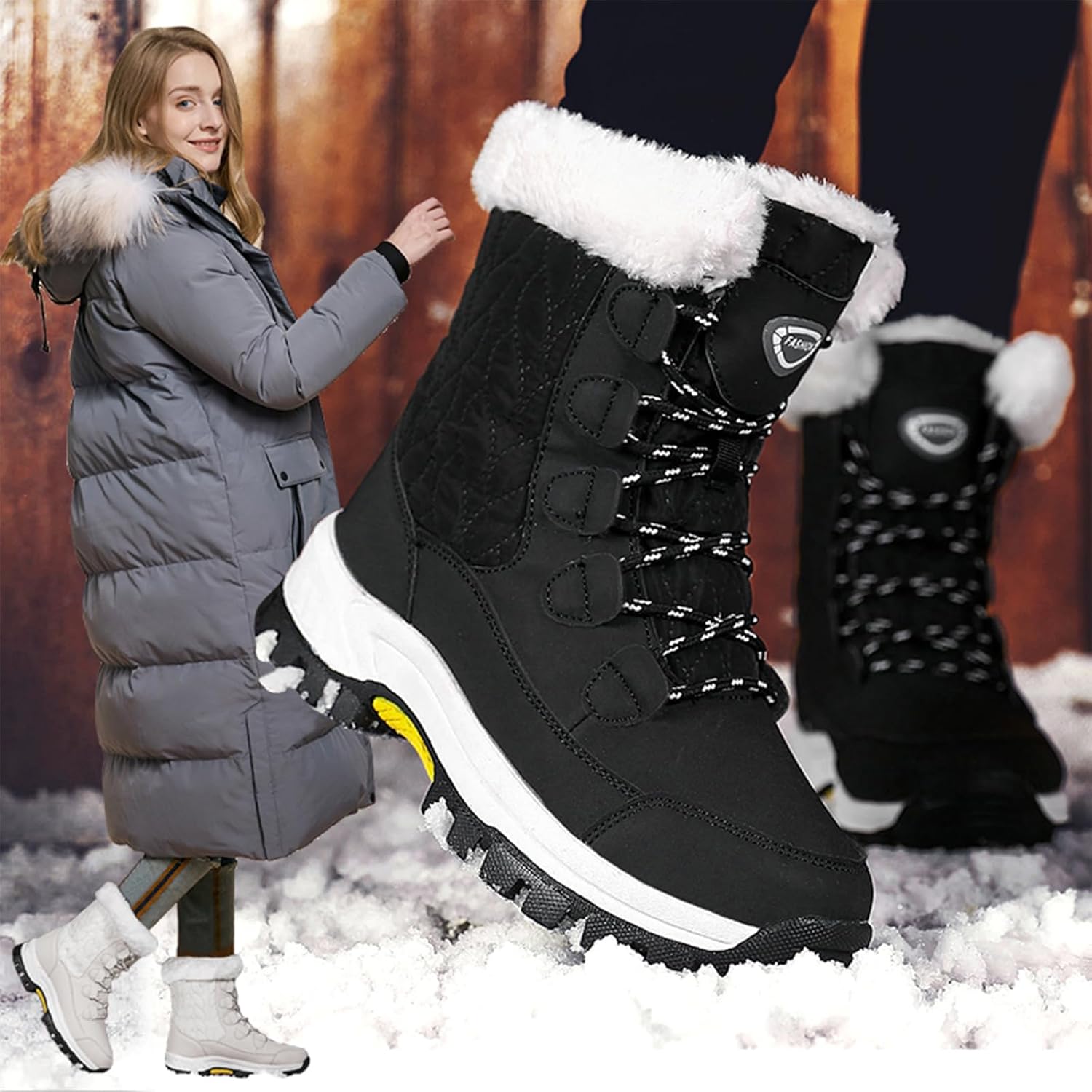 Women's Winter Faux Leather Platform Lace-Up Snow Boots Fashion Round Toe Fur Lined Lug Sole Outdoor Waterproof Non-Slip Mid Calf Warm Boots