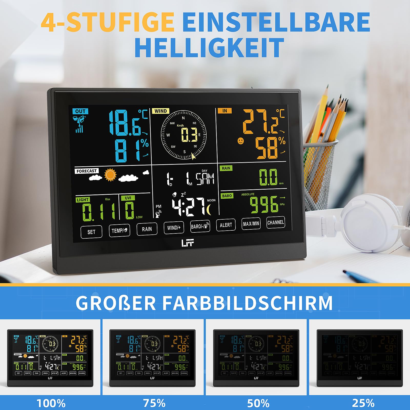 LFF 7-In-1 Wetterstation Funk mit Außensensor, 7,5-Zoll-Display Funkwetterstation mit DCF-Funkuhr, Wetterstation mit 4-Stufen Hintergrundbeleuchtung, UV-Index,Windmesser, Regenmesser, Wettervorhersage