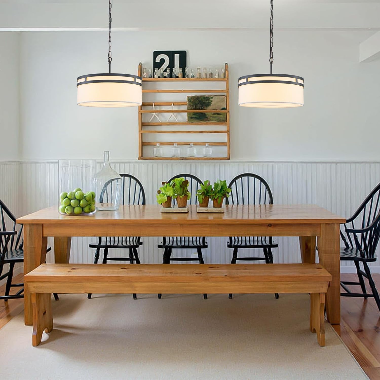 Modern Black Drum Chandelier 15.75" White Linen Pendant Lights 4-Light Dining Room Light Fixture Kitchen Chandeliers over Table Dimmable Ceiling Light Fixture for Entryway Foyer Hallway Living Bedroom