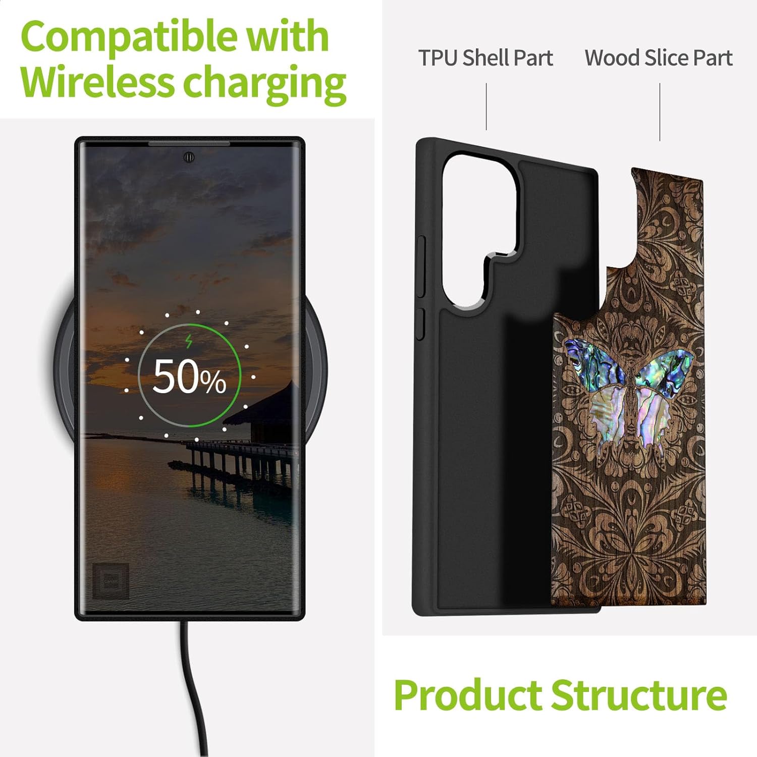 Carveit Designer Wooden Case for Samsung Galaxy S24 Ultra Case [Wood Engraving & Shell Inlay] Compatible with Wireless Chargers S24 Ultra Cover (Baroque Butterfly-Walnut)