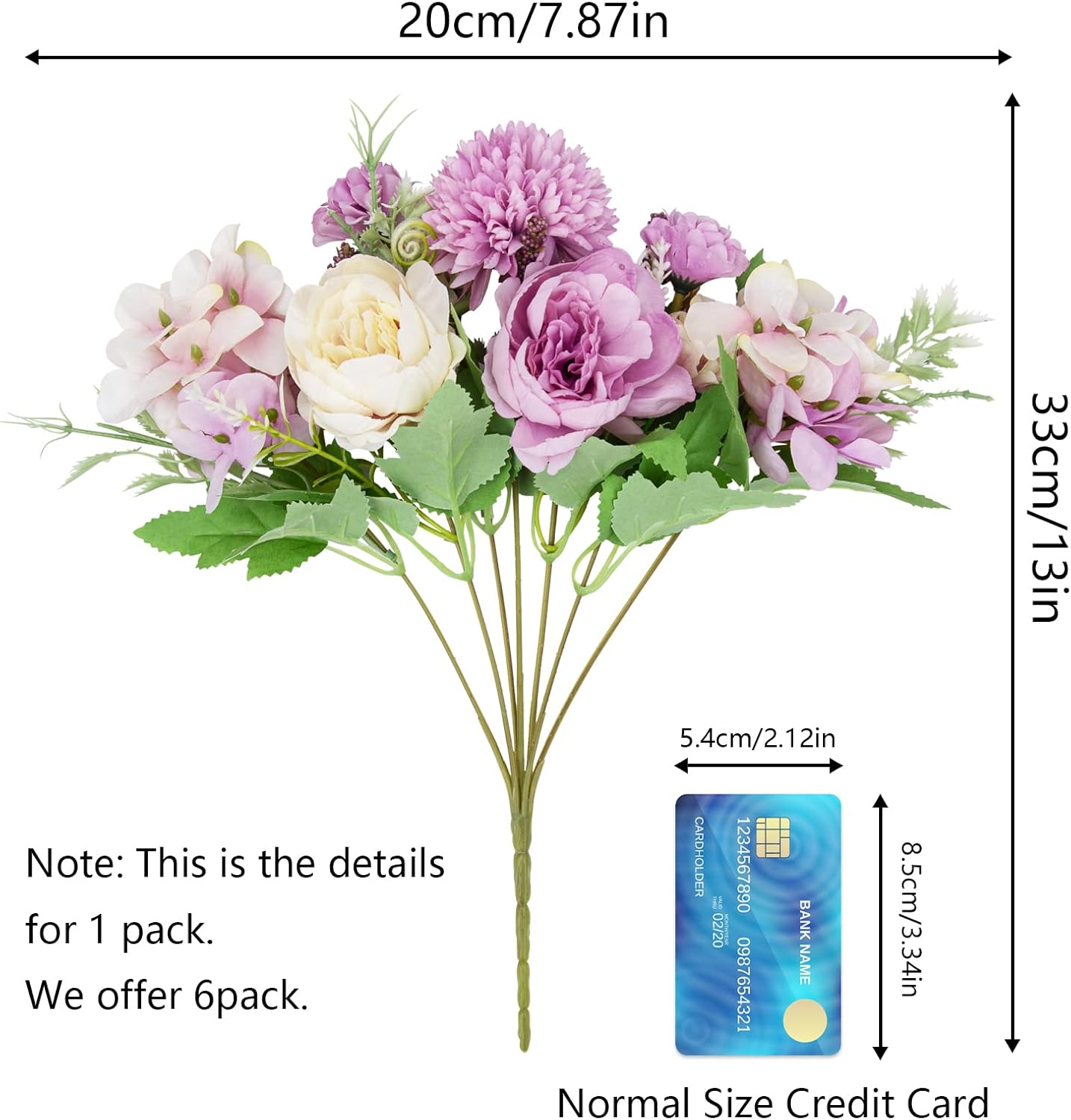 6 Pack Artificial Flowers, Fake Faux Peony Silk Hydrangea Plastic Carnations Daisy Realistic Flower Arrangements for Wedding Decoration Table Centerpieces, for Home Office Party Decor (Purple)