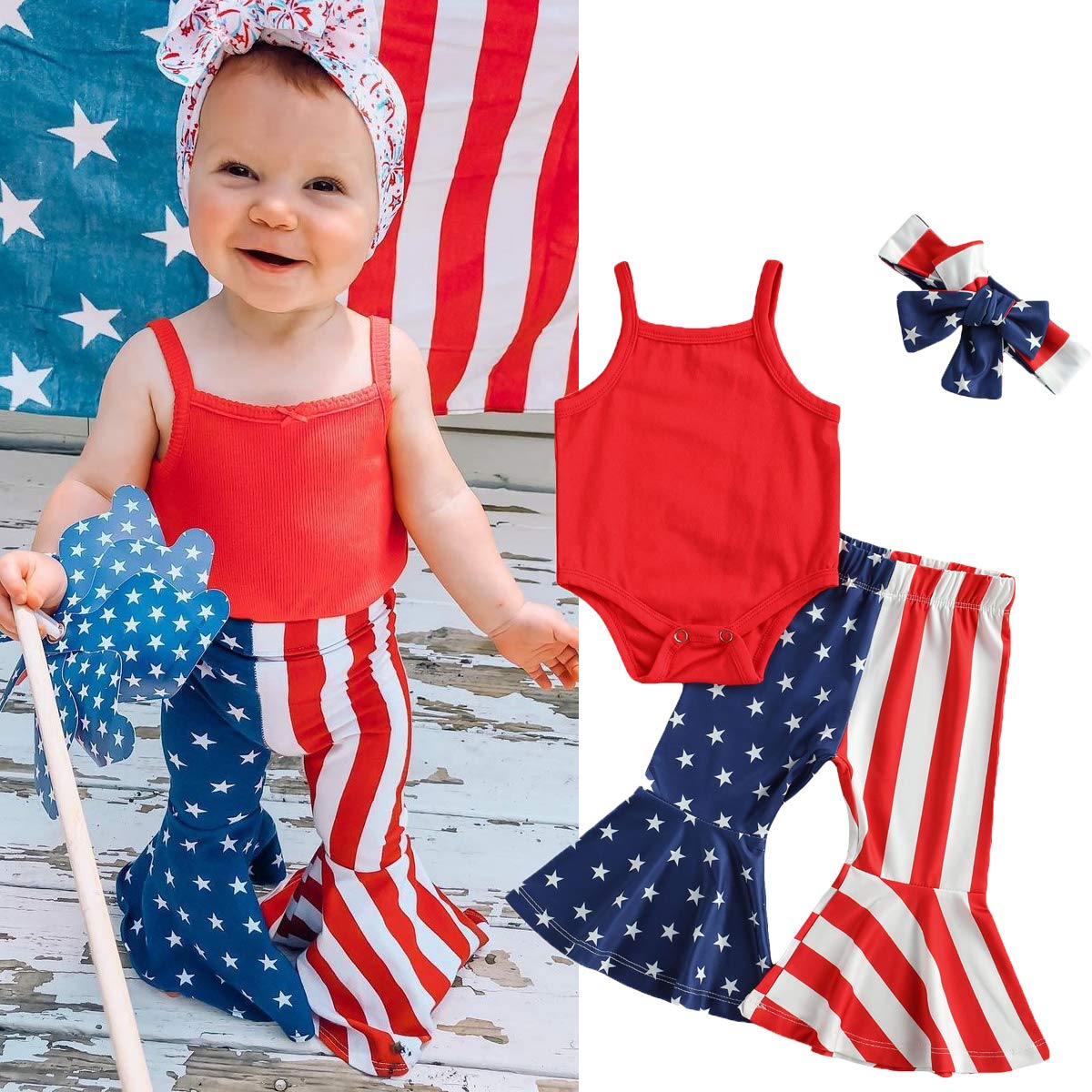 FYBITBO Newborn Baby Girl First 4th of July Outfit Straps Romper+US Stars Stripes Flag Pants Fourth of July Outfit (12-18 Months,Stars and Stripes Print,)