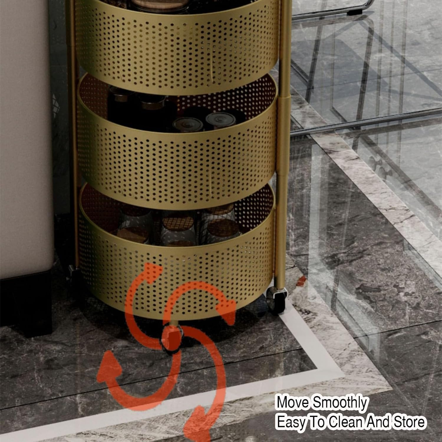 3/4/5 Tiers Rotating Fruit and Vegetable Shelf,Metal Storage Rotating Basket,Bathroom Shelf with Wheels,for Kitchen Bathroom Bedroom(Gold,3 Tiers)