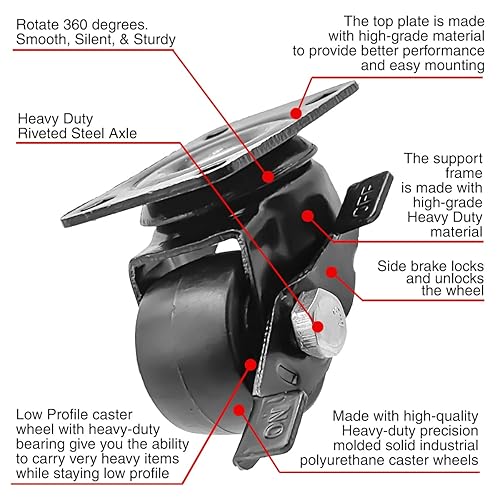 Miniatura 7 de FactorDuty Ruedas giratorias de poliuretano resistentes de 2.5 pulgadas con freno de bloqueo total, doble rodamiento de bolas, grado industrial,