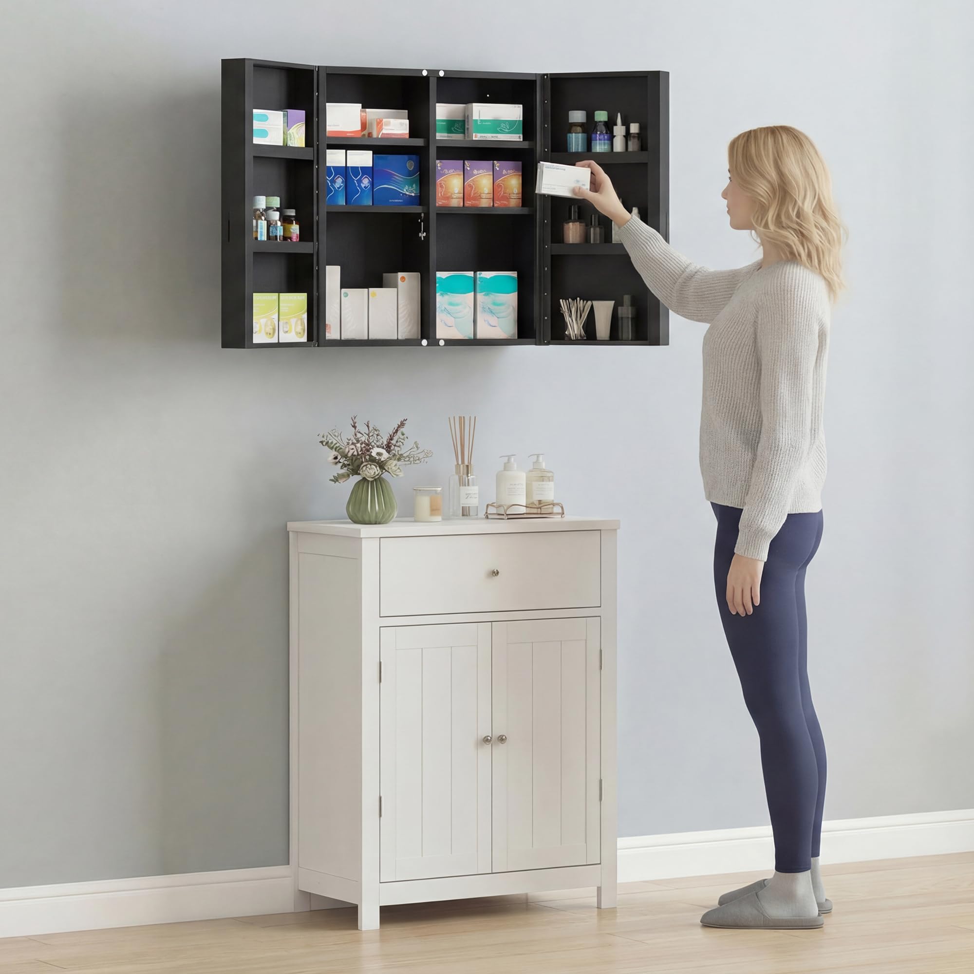 kleankin Armoire à Pharmacie Verrouillable 2 Portes 55x18x60cm Noir