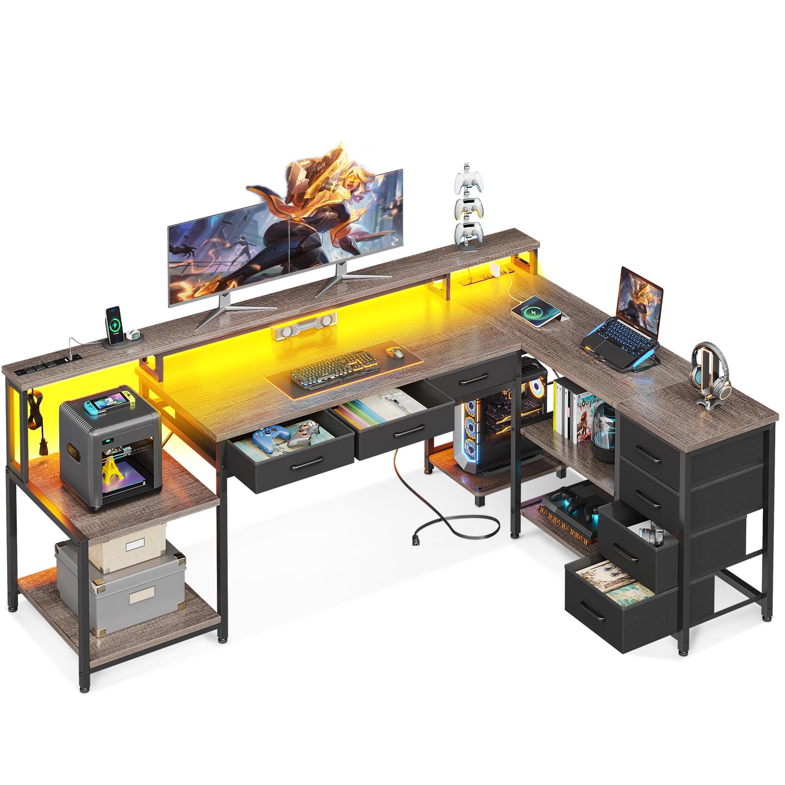 AODK 71" L Shaped Desk with 7 File Drawers, L Shaped Computer Desk with 2 Power Outlets & Monitor Shelf, Home Office Desk with Storage Shelves, Reversible Gaming Desk with LED Light, Vintage Oak