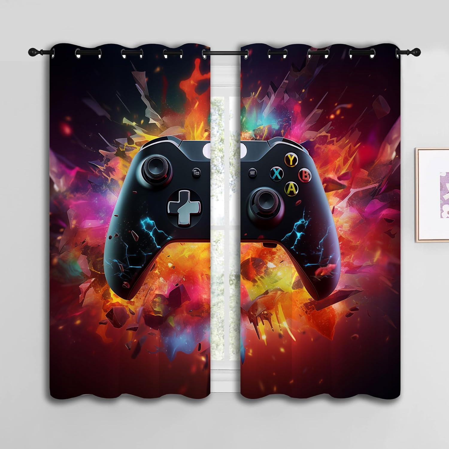 Gamepad Gamer Blackout Curtains for Boys Girl Bedroom Decor,Game Room Color Game Controller Thermal Insulated Grommet Drapes Darkening Window Curtain for Living Room Home 42x45 inch