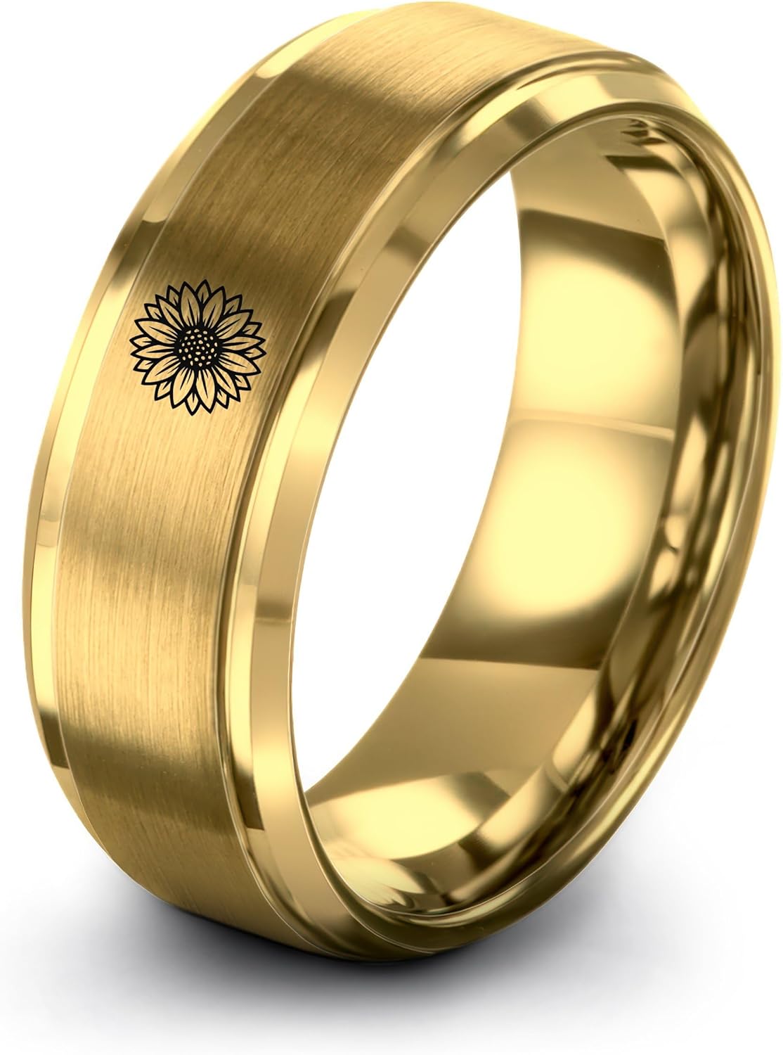 Sunflower Ring - Gift for Sunflower Fan - Anniversary Wedding - Brushed Polished - Personalized Custom Engraving - Band - Men Women - Flat Dome Bevel - Tungsten - Black Yellow Gold Silver - 8mm