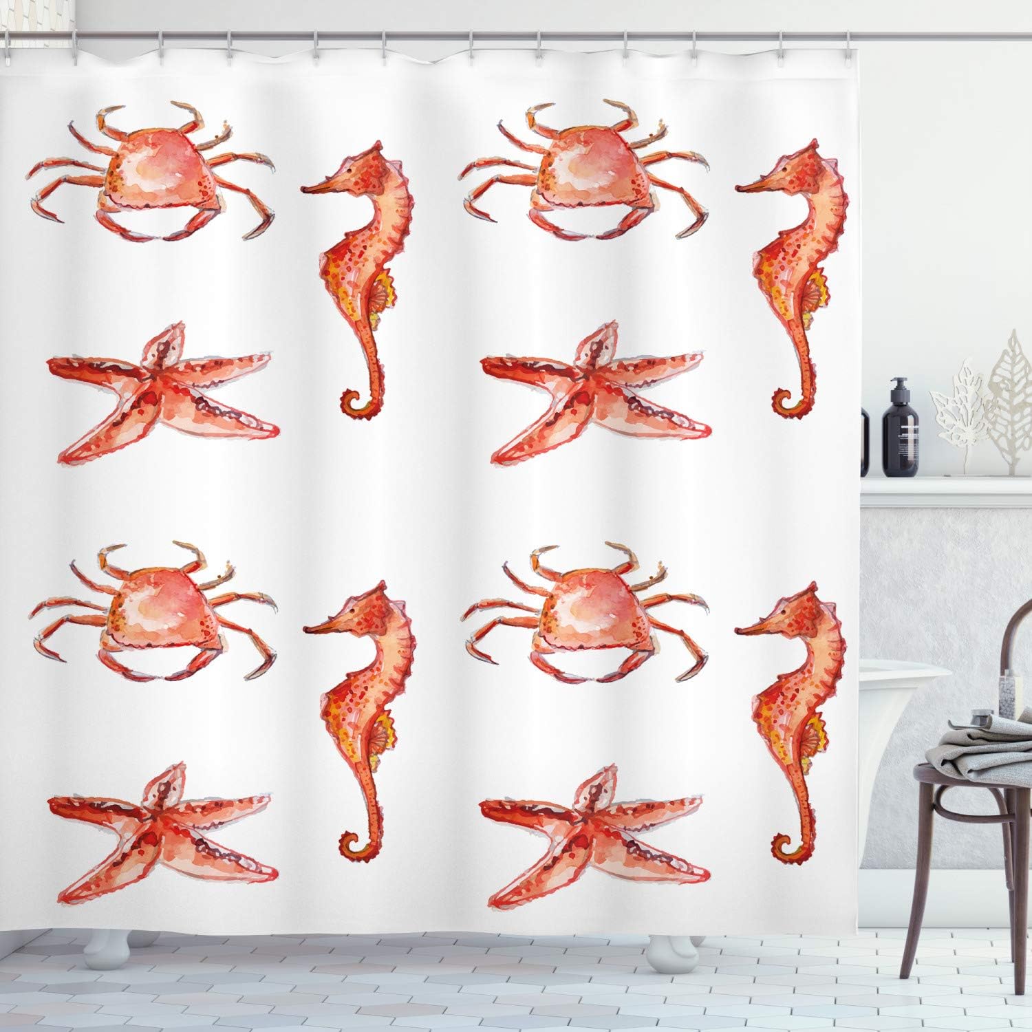 Ambesonne Nautical Shower Curtain, Crab Seahorse Starfish Hand Drawn Underwater Sea Creatures Ocean Image, Cloth Fabric Bathroom Decor Set with Hooks, 69" W x 84" L, Coral Salmon